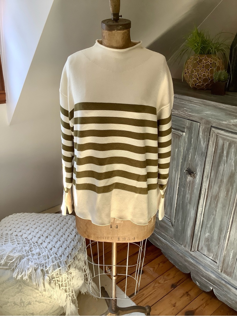Cream and Olive Striped Mock Neck Sweater